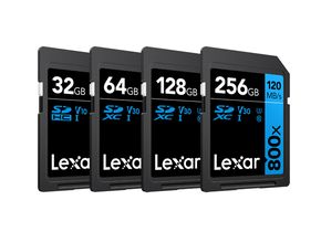 Die neuen Speicherkarten der Serie Lexar High-Performance 800x SDHC/SDXC UHS I Blue.