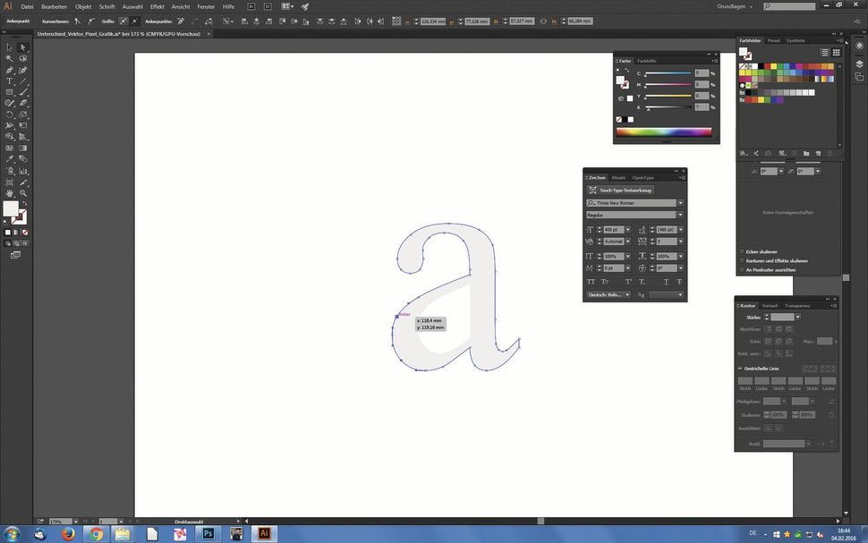 Immer randscharfe Vektorgrafik des Buchstaben „a“ bei ihrer Darstellung im Vektorgrafikprogramm „Adobe Illustrator“.