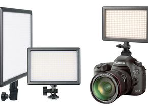 Die kleinere Leuchte Nanguang Mixpad 41 kann man auf der Kamera einsetzen, die größere Leuchte Mixpad 106 wird als Flächenleuchte auf Stativen genutzt.