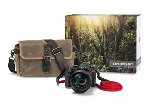 Leica V-Lux Explorer Kit: Bridge-Kamera, Tasche und Tragegurt.