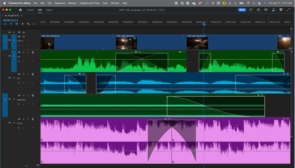 Die Audio-Funktionen der neuen Adobe-Premiere-Bata-Version bieten interaktive Überblendeffekte für Tonspuren.