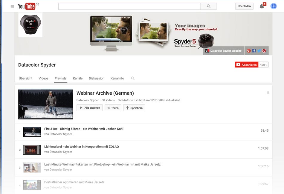Datacolor Youtube-Kanal mit kostenlosen Webinaren