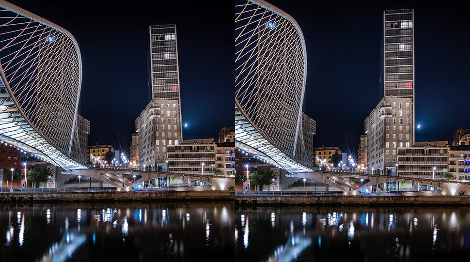 In dem Foto von Jean-Charles Rivas sorgte ViewPoint 4 für eine Horizontangleichung und eine Korrektur der stürzenden Linien. Im Original (links) scheint das Hochhaus in Bilbao geradezu nach hinten wegzukippen.