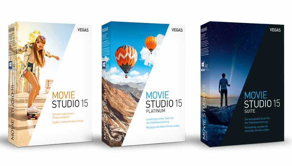 Das Programm „Vegas Movie Studio 15“ ist in drei Ausbaustufen erhältlich, die sich etwa durch zusätzliche Erweiterungen unterscheiden.