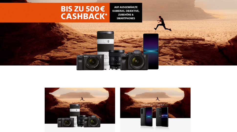 Die Cashback-Aktion gilt für viele Sony-Kameras und -Objektive sowie das Smartphone Xperia 1 V.